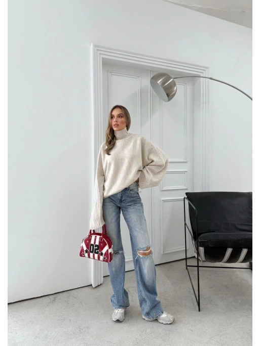 YARASA KOL BOĞAZLI OVERSİZE KAZAK BEJ