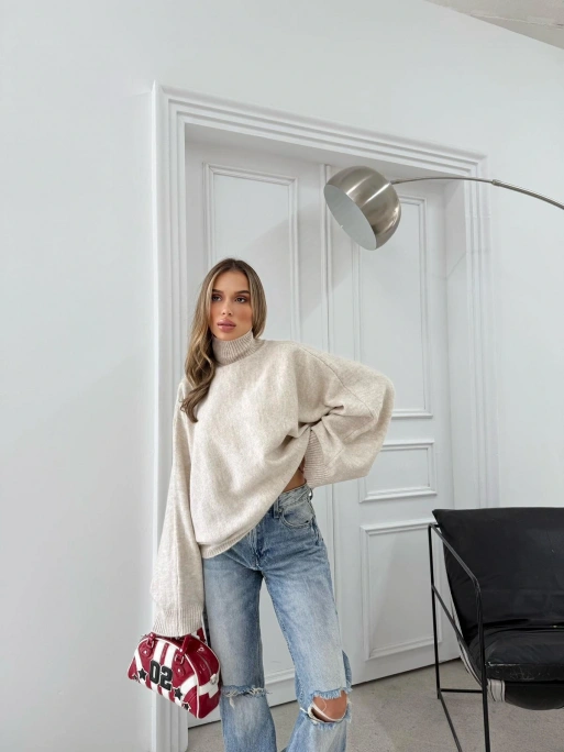 YARASA KOL BOĞAZLI OVERSİZE KAZAK BEJ