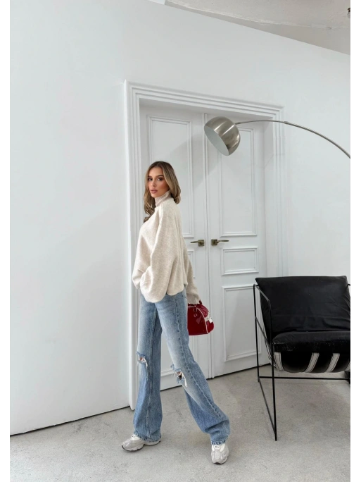 YARASA KOL BOĞAZLI OVERSİZE KAZAK BEJ