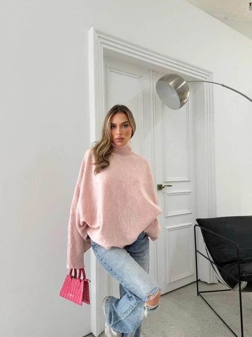 YARASA KOL BOĞAZLI OVERSİZE KAZAK PEMBE