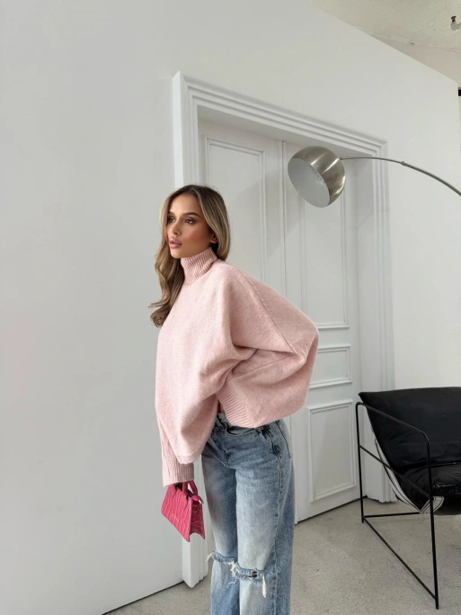 YARASA KOL BOĞAZLI OVERSİZE KAZAK PEMBE