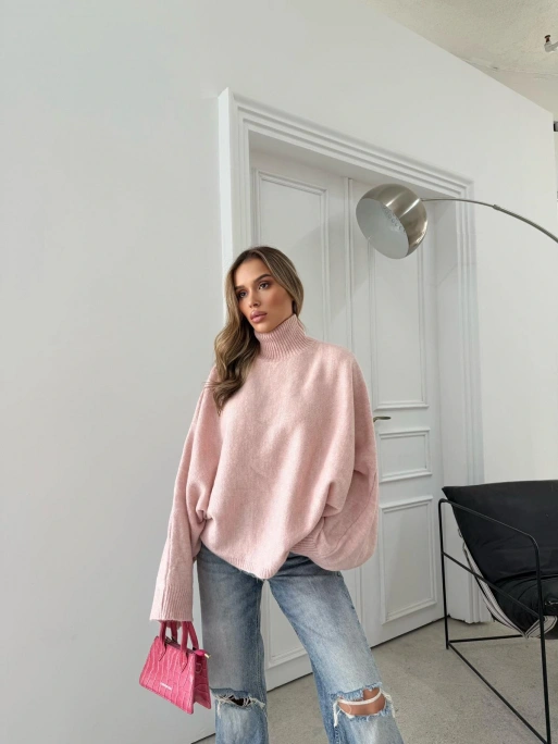 YARASA KOL BOĞAZLI OVERSİZE KAZAK PEMBE