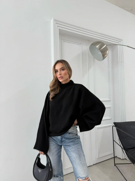 YARASA KOL BOĞAZLI OVERSİZE KAZAK SİYAH