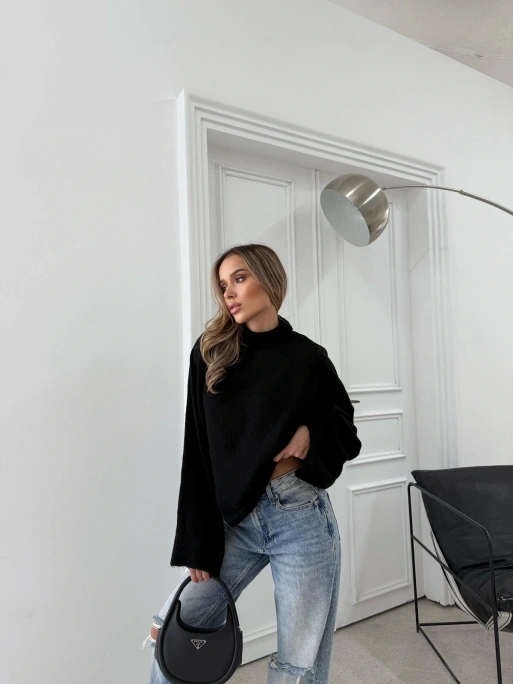 YARASA KOL BOĞAZLI OVERSİZE KAZAK SİYAH