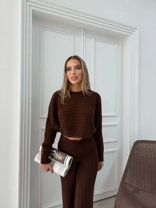 YARASA KOL KAZAK VE PANTOLONLU TRİKO İKİLİ TAKIM KAHVE