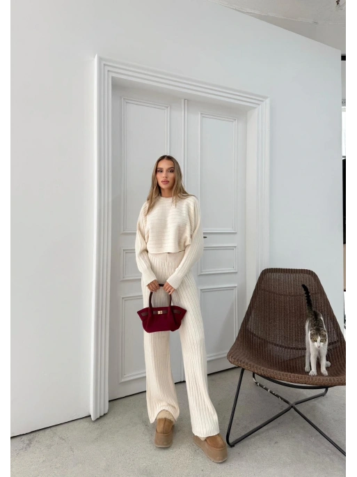 YARASA KOL KAZAK VE PANTOLONLU TRİKO İKİLİ TAKIM KREM