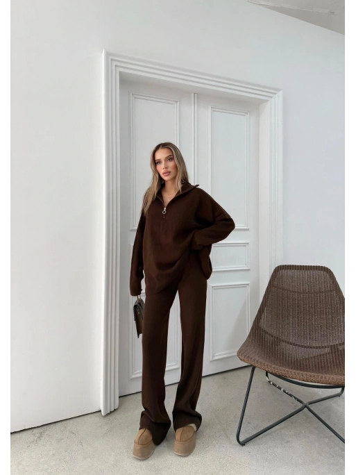 YARIM FERMUAR DETAYOVERSİZE KAZAK VE PANTOLONLU TRİKO İKİLİ TAKIM KAHVE