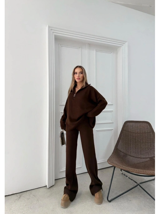 YARIM FERMUAR DETAYOVERSİZE KAZAK VE PANTOLONLU TRİKO İKİLİ TAKIM KAHVE