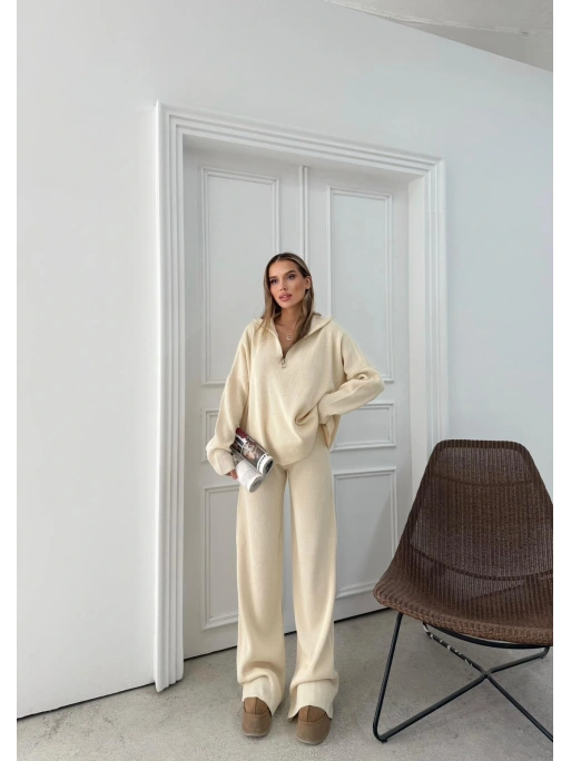 YARIM FERMUAR DETAYOVERSİZE KAZAK VE PANTOLONLU TRİKO İKİLİ TAKIM KREM