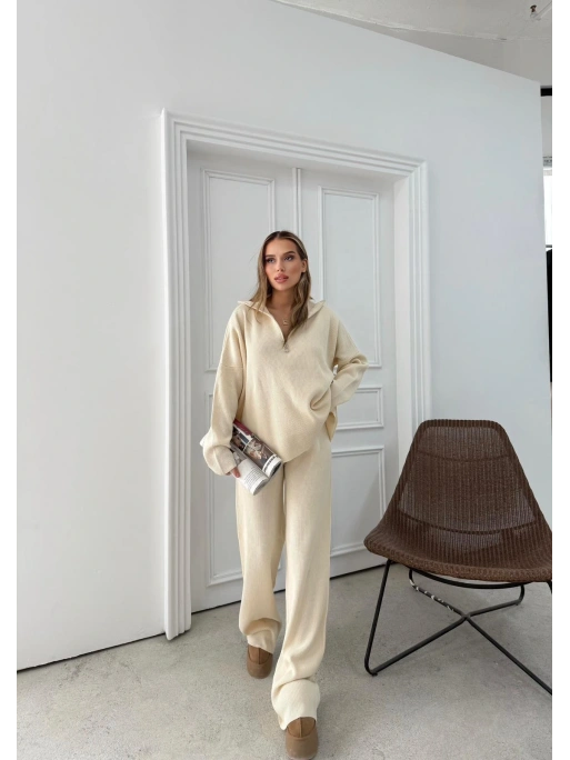 YARIM FERMUAR DETAYOVERSİZE KAZAK VE PANTOLONLU TRİKO İKİLİ TAKIM KREM