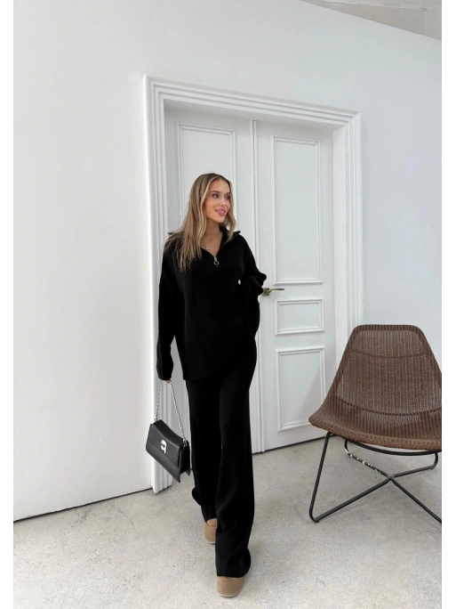 YARIM FERMUAR DETAYOVERSİZE KAZAK VE PANTOLONLU TRİKO   İKİLİ TAKIM SİYAH