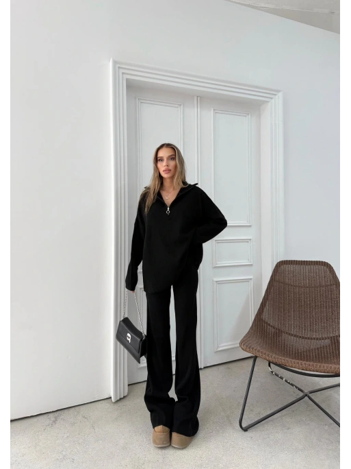 YARIM FERMUAR DETAYOVERSİZE KAZAK VE PANTOLONLU TRİKO   İKİLİ TAKIM SİYAH