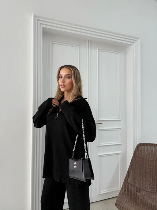 YARIM FERMUAR DETAYOVERSİZE KAZAK VE PANTOLONLU TRİKO   İKİLİ TAKIM SİYAH