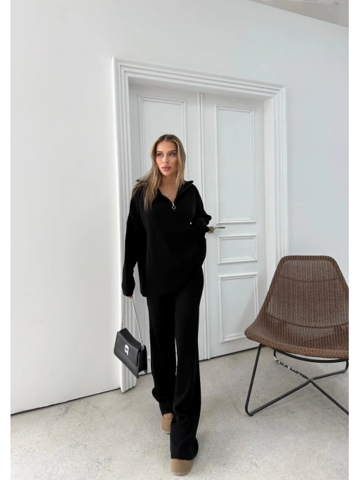 YARIM FERMUAR DETAYOVERSİZE KAZAK VE PANTOLONLU TRİKO   İKİLİ TAKIM SİYAH