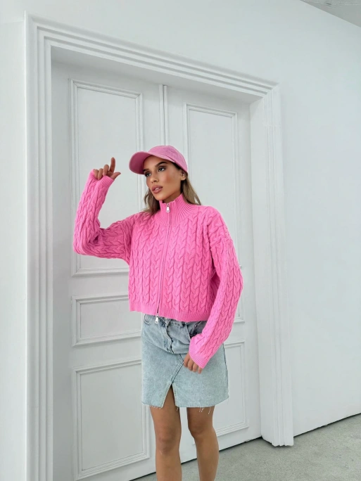 YARIM FERMUAR SAÇ ÖRGÜ KISA TRİKO PEMBE