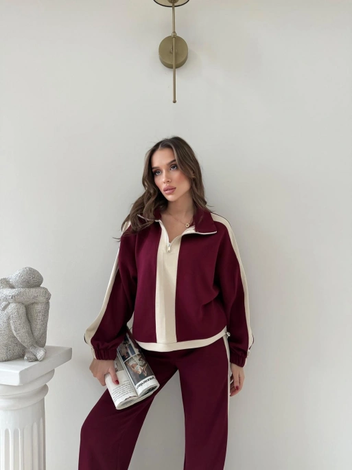 YARIM FERMUARLİ GARNE DETAY İKİLİ MODAL TAKIM BORDO