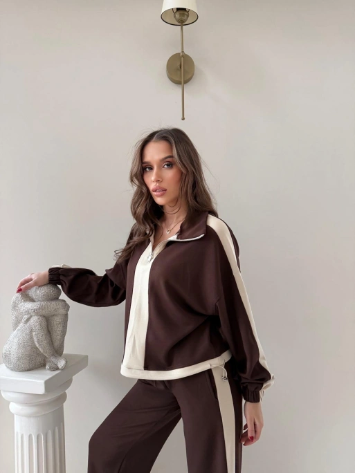 YARIM FERMUARLİ GARNE DETAY İKİLİ MODAL TAKIM KAHVE