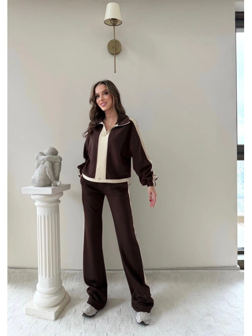 YARIM FERMUARLİ GARNE DETAY İKİLİ MODAL TAKIM KAHVE