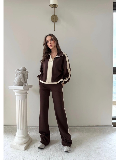 YARIM FERMUARLİ GARNE DETAY İKİLİ MODAL TAKIM KAHVE