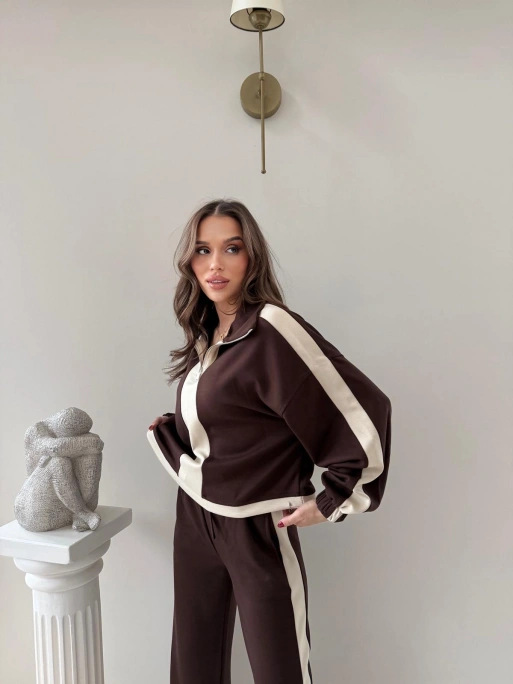 YARIM FERMUARLİ GARNE DETAY İKİLİ MODAL TAKIM KAHVE