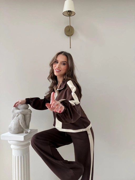 YARIM FERMUARLİ GARNE DETAY İKİLİ MODAL TAKIM KAHVE