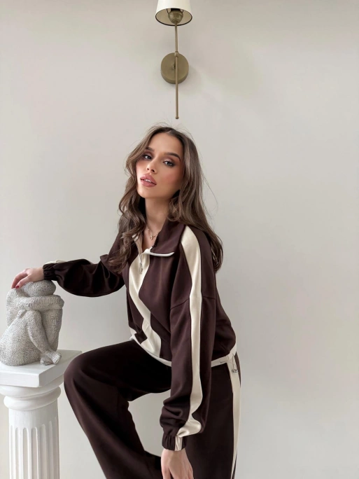 YARIM FERMUARLİ GARNE DETAY İKİLİ MODAL TAKIM KAHVE