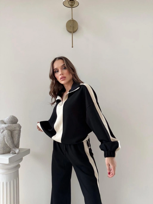 YARIM FERMUARLİ GARNE DETAY İKİLİ MODAL TAKIM SİYAH