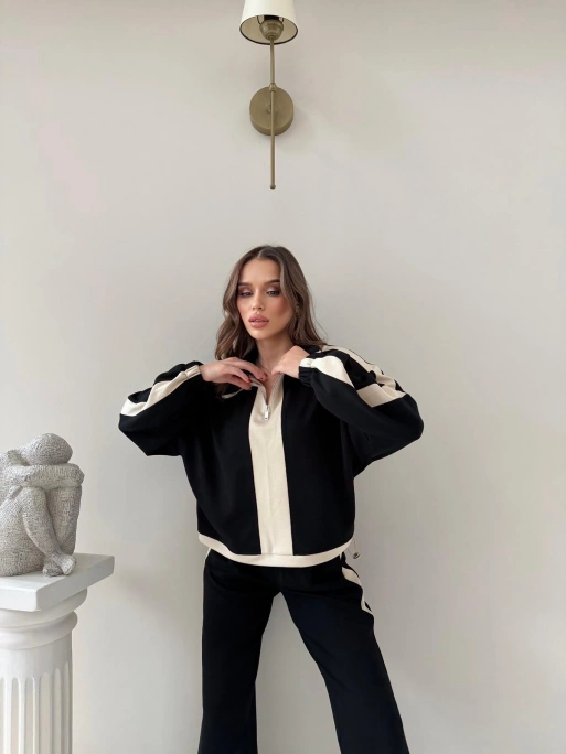 YARIM FERMUARLİ GARNE DETAY İKİLİ MODAL TAKIM SİYAH