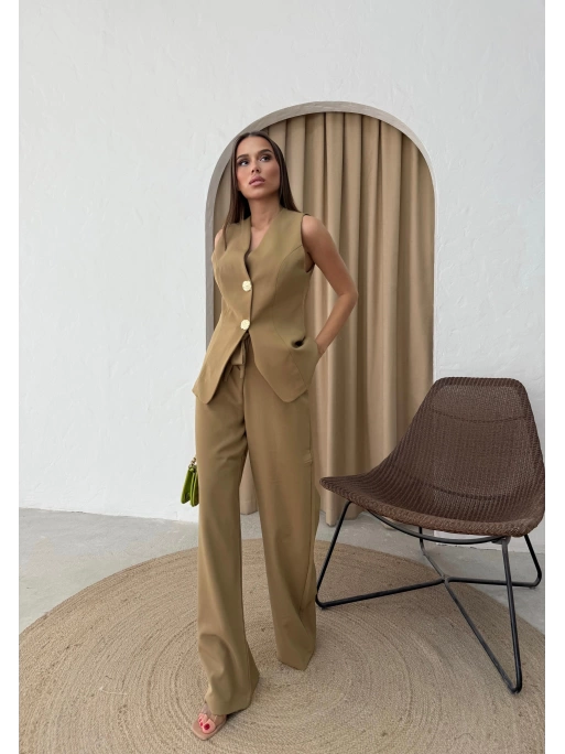 YELEK VE PANTOLONLU GOLD DÜĞME DETAY İKİLİ TAKIM YEŞİL