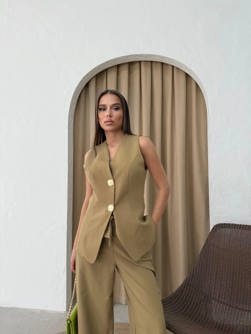 YELEK VE PANTOLONLU GOLD DÜĞME DETAY İKİLİ TAKIM YEŞİL