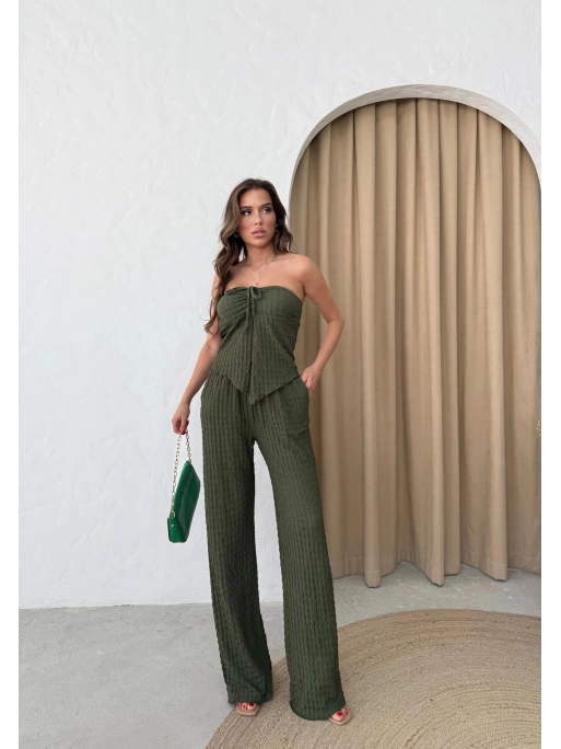 YIRTMAÇLI BÜZGÜLÜ BLUZ VE PANTOLONLU GOFRE İKİLİ TAKIM HAKİ