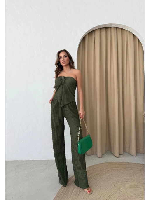YIRTMAÇLI BÜZGÜLÜ BLUZ VE PANTOLONLU GOFRE İKİLİ TAKIM HAKİ
