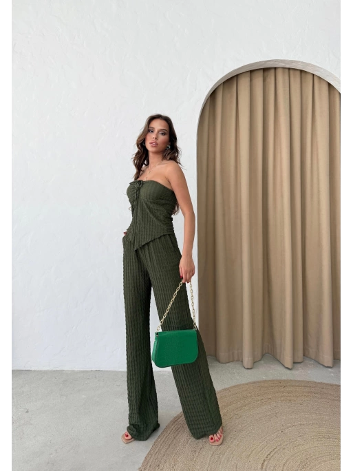 YIRTMAÇLI BÜZGÜLÜ BLUZ VE PANTOLONLU GOFRE İKİLİ TAKIM HAKİ