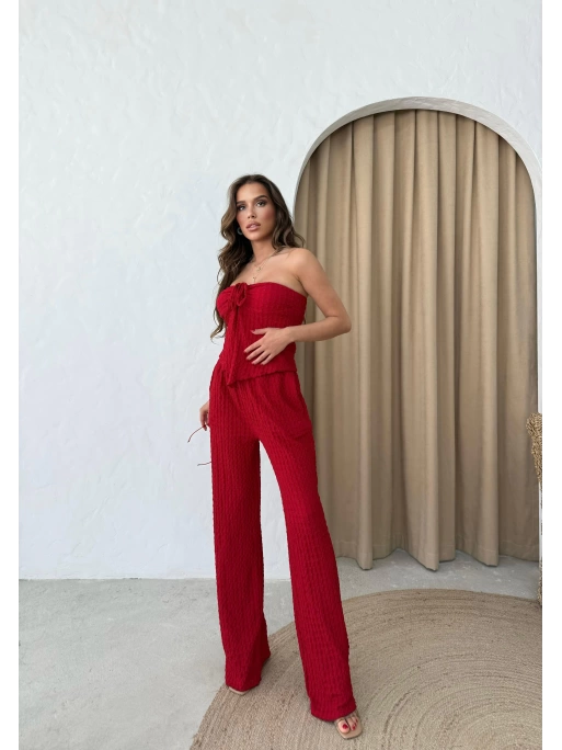 YIRTMAÇLI BÜZGÜLÜ BLUZ VE PANTOLONLU GOFRE İKİLİ TAKIM KIRMIZI