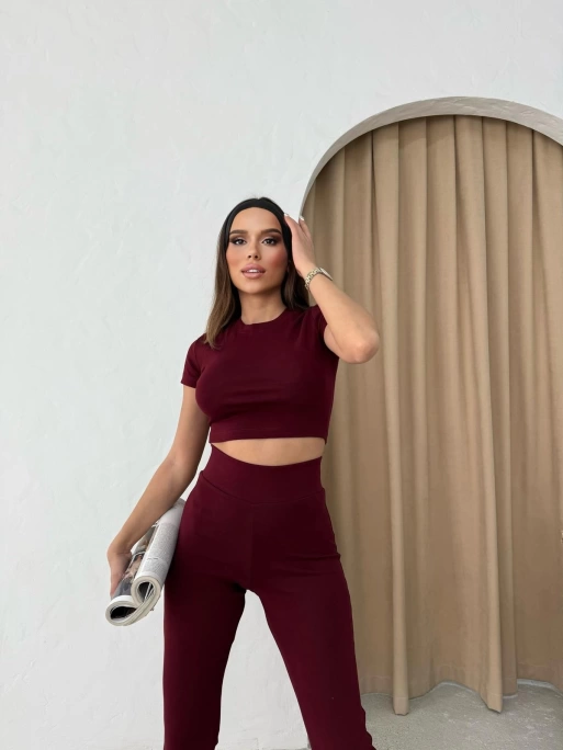 YÜKSEK BEL KORSE DETAY PANTOLON VE CROPLU İKİLİ TAKIM BORDO