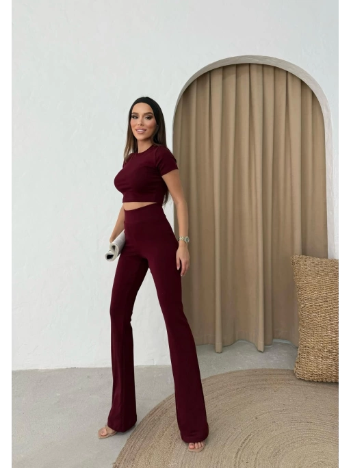 YÜKSEK BEL KORSE DETAY PANTOLON VE CROPLU İKİLİ TAKIM BORDO