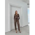 BATİK DESEN KAPÜŞONLU V YAKA BLUZ VE PANTOLONLU İKİLİ MODAL TAKIM KAHVE