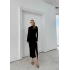 BEL AKSESUAR DETAY DRAPELİ YIRTMAÇLI UZUN SANDY ELBİSE SİYAH