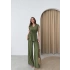 BEL BAĞLAMA VE OMUZ BAĞLAMA DETAY BLUZ VE PANTOLONLU GOFRE İKİLİ TAKIM HAKİ