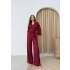 BEL BAGLAMALI BLUZ VE PANTOLONLU KETEN İKİLİ TAKIM BORDO