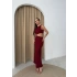 BEL DEKOLTE DETAY GOFRE UZUN ELBİSE BORDO