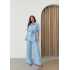BEL KUŞAKLI DÜĞME DETAY BLUZ VE PANTOLONLU KETEN İKİLİ TAKIM MAVİ