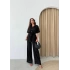 BEL KUŞAKLI DÜĞME DETAY BLUZ VE PANTOLONLU KETEN İKİLİ TAKIM SİYAH