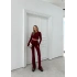 BİSİKLET YAKA PARMAK GEÇME DETAY BLUZ VE İSPANYOL PAÇA PANTOLONLU İKİLİ TAKIM BORDO