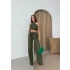 BOYUNDAN BAĞLAMALI BLUZ VE PANTOLONLU KETEN İKİLİ TAKIM HAKİ