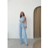BOYUNDAN BAĞLAMALI BLUZ VE PANTOLONLU KETEN İKİLİ TAKIM MAVİ