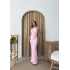 BOYUNDAN BAĞLAMALI GOFRE UZUN ELBİSE PEMBE