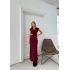DEGAJE YAKA BEL AKSESUAR DETAY UZUN ELBİSE BORDO