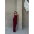 KARE YAKA BEL BAĞLAMA DETAY UZUN KALEM ELBİSE BORDO
