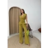 KRUVAZE YAKA AKSESUAR DETAY BLUZ VE PANTOLONLU GOFRE İKİLİ TAKIM YEŞİL